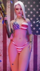 1girls 3d american_flag american_flag_bikini ashe_(overwatch) female flag_bikini gelzy overwatch pinup solo solo_female white_hair