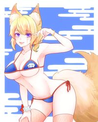 alternate_costume big_breasts bikini blonde_hair blue_bikini female female_only fox_ears fox_girl fox_tail gintama kitsune looking_at_viewer paleatus purple_eyes scar solo thighhighs tsukuyo underboob