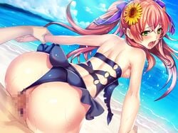 1boy bangs beach black_swimsuit blue_sky bow breasts casual_one-piece_swimsuit censored clothes_pull cloud day eyebrows_visible_through_hair female floating_hair flower game_cg green_eyes hair_between_eyes hair_flower hair_ornament hairbow long_hair looking_back mosaic_censoring nipples nuresuke_paradise_x ocean official_art one-piece_swimsuit orange_hair outdoors penis pov purple_bow saliva saliva_trail sex sex_from_behind shiny shiny_hair shoulder_blades sky small_breasts sunflower swimsuit swimsuit_aside swimsuit_pull vaginal_penetration very_long_hair wrist_grab wrist_pull_cowgirl yellow_flower