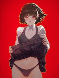 belly belly_button black_hair blush clothing embarrassed exposing female female_only looking_at_viewer makoto_niijima panties persona persona_5 pomelomelon red_eyes school_uniform schoolgirl short_hair skirt skirt_lift solo teasing