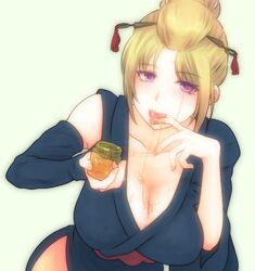 armwear big_breasts blonde_hair cleavage female female_only finger_in_mouth gintama hair_ornament honey kimono paleatus purple_eyes revealing_clothes scar solo tongue_out tsukuyo