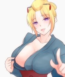 big_breasts blonde_hair cleavage facial_scar female female_only gintama hair_ornament heart-shaped_pupils kimono kunoichi looking_at_viewer no_bra obi open_clothes open_mouth paleatus purple_eyes scar smile solo teasing tied_hair tsukuyo undressing upper_body