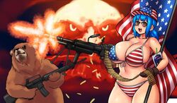 1animal 1girls 2018 4th_of_july american_flag american_flag_bikini ammunition animal ar-15 armalite armalite-15 bald_eagle baseball_cap bear bikini bird blue_hair brand_name_imitation breasts brown_fur brown_gloves bullet cap capri_sun caprisun celebration cleavage drink eagle errorkazoo female firearm firing flag_print funny gloves grizzly_bear gun hat highres holding_drink holding_gun holding_weapon holidays huge_breasts humor juice light_machine_gun m60 m60e4 machine_gun meme mk43 navel open_mouth patriotism ponytail rifle rina_atherina_(errorkazoo) smile smug standing sunglasses swimsuit teeth thick_thighs thighs tied_hair tongue weapon wide_hips