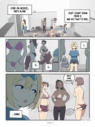 2futas 6+girls big_ass big_breasts bra casual_exposure casual_nudity dark-skinned_female dialogue female futa_with_female futa_with_futa futanari group implied_futanari lewdua light-skinned_female multiple_girls nessie_(lewdua) original undressing valerie_(lewdua)