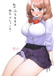 1girls 2021 bare_legs between_legs between_thighs blue_eyes blush bow bowtie bra bra_through_clothes bra_visible_through_clothes breasts brown_hair button_gap female female_only highres japanese_text kaisen_chuui large_breasts leaning_back looking_at_viewer object_between_thighs open_mouth original panties pleated_skirt school_uniform shirt side-tie_panties simple_background sitting skirt smile solo sound_effects talking_to_viewer text thermometer thick_thighs thighs tongue translated white_background