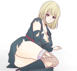 armwear blonde_hair boots cleavage female female_only fishnet_thighhighs fishnets gintama kimono paleatus purple_eyes ripped_clothing scar solo thighhighs torn_clothes torn_thighhighs tsukuyo wide_hips