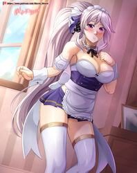 1girls absurdres apron bare_midriff bare_thighs blush cleavage fire_emblem fire_emblem:_genealogy_of_the_holy_war fire_emblem_heroes frown hair_ribbon hand_on_own_chest highres hocen indoors ishtar_(fire_emblem) large_breasts long_hair looking_at_viewer maid maid_headdress nintendo panties pantyshot pantyshot_(standing) ponytail purple_eyes purple_hair purple_panties ribbon skirt thighhighs upskirt very_long_hair watermark web_address white_hair window