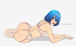 1girls big_ass bob_cut garter_belt garter_straps grey_bra grey_garter_belt grey_garter_straps grey_legwear laying_down mana_renewal mashinav1 medium_breasts red_lips russian_text virtual_youtuber vtuber weplanet yellow_eyes