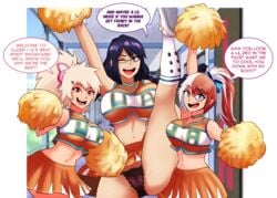 2021 3girls blonde_hair blue_eyes blue_hair breasts brown_eyes cheerleader dialogue english_text female_bakugou female_todoroki genderswap_(mtf) glasses katsuki_bakugou long_hair multicolored_hair multiple_girls my_hero_academia open_mouth panties pink_eyes ponytail red_hair rule_63 scar shouto_todoroki speech_bubble spiky_hair tenya_iida text themightfenek white_hair white_skin wink