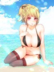 beach big_breasts bikini black_bikini blonde_hair cleavage female female_only gintama huge_breasts looking_at_viewer official_alternate_costume outside paleatus ponytail purple_eyes scar solo thighhighs tied_hair tsukuyo