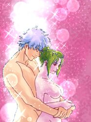 1boy 1girls arms_around_waist barbie_doll_anatomy benrinnes_maiko big_breasts blonde_hair female from_behind gintama gintoki_sakata gold_hair hug hugging_from_behind intimate male nude romantic romantic_couple silver_hair smile tied_hair tsukuyo upper_body wholesome