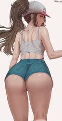 1girls 2021 alternate_eye_color artist_signature ass ass_cheeks ass_focus ass_shot back_view backboob black_panties breasts brown_eyes brown_hair bubble_butt casual clothed clothed_female female female_focus female_only hat hi_res highleg_panties hilda_(pokemon) huge_ass human jean_shorts leaning_forward long_hair long_ponytail looking_back medium_breasts nintendo panties panties_visible pantylines pokemon pokemon_bw ponytail shexyo short_shorts shorts simple_background solo standing thick_thighs thigh_gap thighs thong tomboy white_background white_hat white_shirt