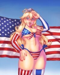 1girls 2021 4th_of_july abs american american_flag american_flag_bikini blonde_hair female fit flag iowa_(kantai_collection) kantai_collection l0ngsword long_hair looking_at_viewer national_personification open_mouth salute tagme thighhighs united_states_of_america usa