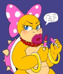 1girls anthro bead_necklace big_lips blue_eyes blush bow dark_blue_background dialogue english_text female huge_lips hyliaanan koopaling lips lipstick mario_(series) necklace nintendo purple_lipstick scalie sharp_claws shell solo solo_female speech_bubble thick_lips wendy_o._koopa