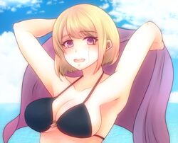 armpits arms_up beach bikini black_bikini blonde_hair bob_cut cleavage female female_only gintama looking_at_viewer official_alternate_costume outside paleatus purple_eyes scar short_hair solo tsukuyo upper_body