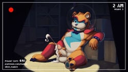 16:9 1boy 2021 anthro balls blue_eyes bodily_fluids bodypaint clothing cum cum_on_penis digital_media_(artwork) erection face_paint five_nights_at_freddy's five_nights_at_freddy's:_security_breach fur genital_fluids genitals glamrock_freddy_(fnaf) headgear headwear humanoid_genitalia humanoid_penis mabit male male_only mammal masturbation nude orgasm penile penile_masturbation penis smile solo tan_body teeth text url ursid video_games widescreen