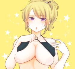 big_breasts bikini_lift black_bikini black_bikini_top blonde_hair facial_scar female female_only gintama looking_at_viewer official_alternate_costume paleatus ponytail purple_eyes scar solo tied_hair tsukuyo underboob undressing upper_body yellow_background