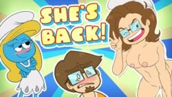 1boy 2girls big_breasts blonde_hair blush breasts brown_hair glasses human humanoid pussy saberspark sabiespark smurfette tagme the_smurfs thick_thighs tight_pussy