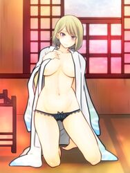 black_panties blonde_hair bob_cut female female_only gintama japanese_clothes kimono kneeling lace-trimmed_panties looking_at_viewer open_kimono paleatus panties partially_clothed purple_eyes robe scar short_hair solo topless tsukuyo