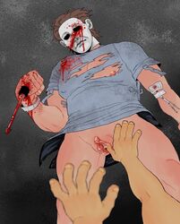 1cuntboy 2people bandage bandages blood bloody_clothes bloody_mask bottomless brown_hair cuntboy fingering halloween hospital_gown intersex iv_line mask masked masked_male michael_myers nipples pov pussy pussy_juice screwdriver short_hair source_request torn_clothes