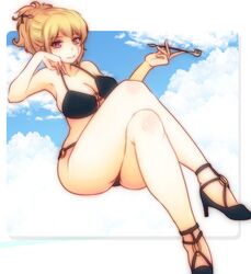 big_breasts bikini black_bikini blonde_hair cleavage crossed_legs female female_only gintama high_heels kiseru legs_crossed looking_at_viewer official_alternate_costume paleatus ponytail purple_eyes scar smoking_pipe solo tied_hair tsukuyo