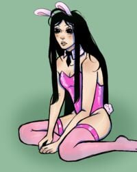 black_hair bunny_boy bunny_ears bunny_tail bunnysuit clothed hunter_x_hunter illumi_zoldyck long_hair male_only sitting stockings