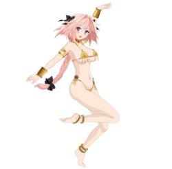 1girls ankle_cuffs ankle_rings astolfo_(fate) bare_arms bare_back bare_legs bare_midriff bare_shoulders bare_thighs barefoot belly_button big_breasts bikini bikini_bottom bikini_top black_hair_ribbon blush blushing_at_viewer bracelet cleavage collar dancer dancer_outfit fate/grand_order fate_(series) feet female female_only gold_bikini gold_bikini_bottom gold_bikini_top gold_bracelet gold_collar golden_bikini golden_bikini_bottom golden_bikini_top golden_bracelet golden_collar hair_ribbon human looking_at_viewer metal_bikini metal_breasts metal_collar midriff navel partially_clothed pink_eyes pink_hair ponytail purple_eyes reverse_trap rule_63 servant_(fate) short_hair sideboob silver_tongue thick_thighs thighs toes trap underboob video_games