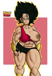 1girls abs black_hair dragon_ball dragon_ball_super earrings female female_only kale lipstick looking_at_viewer mallow_strife muscular muscular_female nipples solo thick_thighs torn_clothes yellow_eyes