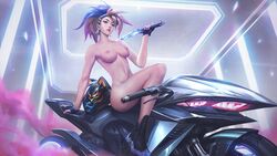 akali black_gloves breasts earrings edit female female_only fingerless_gloves gloves k/da_all_out_akali k/da_all_out_series league_of_legends long_hair looking_at_viewer makeup medium_breasts motorcycle multicolored_hair nude richtofen solo weapon