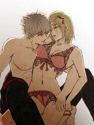 1boy 1girls bedroom_eyes blonde_hair bra cleavage eyes_closed facial_scar female gintama gintoki_sakata hair_down hair_ornament lace-trimmed_bra lace-trimmed_panties lingerie looking_at_another male medium_hair mo_mo_rice panties removing_underwear straight topless_male tsukuyo