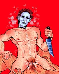 1boy 1cuntboy amityvillewh0re areolae cuntboy erect_nipples erection hairy hairy_chest hairy_legs hairy_male hairy_pussy halloween intersex knife male male_on_cuntboy mask masked mastectomy_scar michael_myers nipples nude panting penis pussy scar solid_color_background steam vaginal_penetration