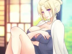 arm_under_breasts big_breasts blonde_hair breast_lift female female_only gintama kimono looking_at_viewer paleatus purple_eyes scar solo tied_hair tsukuyo