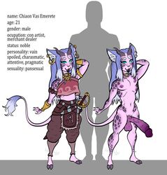 2_horns anthro armband armor athletic athletic_anthro athletic_male balls belt big_penis biped blue_eyes bottomwear bracers chiaon_vas_emerete circle_eyebrows clothed clothing colored crop_top digital_drawing_(artwork) digital_media_(artwork) domestic_cat dragon ear_piercing ear_tuft english_text erection eyebrows fangs fantasy felid feline felis fingers genitals girly hair hand_behind_head hi_res hooves horn huge_cock hybrid invalid_tag jewelry leggings legwear long_hair male mammal melee_weapon model_sheet multicolored_hair nipples nude pants penis piercing purple_body purple_hair purple_scales rapier scales shirt simple_background smile solo spots sword tail_tuft teeth text topwear tuft vein veiny_penis weapon wittless-pilgrim