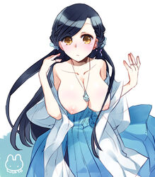 aged_up alternate_age alternate_breast_size alternative_age arms_up ascendance_of_a_bookworm bare_shoulders blue_dress blue_hair braid braided_bangs breasts breasts_out cleavage dress earrings expressionless female first_porn_of_franchise hisato_ar hisato_ar honzuki_no_gekokujou jewelry large_breasts looking_at_viewer myne necklace older pendant ring strapless w_arms white_background yellow_eyes