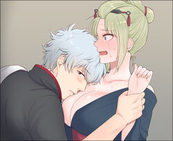 1boy 1girls arm_grab big_breasts blonde_hair blush chonmage cleavage clothing embarrassed face_in_breasts facial_scar female gintama gintoki_sakata hair_ornament japanese_clothes kimono looking_at_viewer male no_bra off_shoulder open_clothes open_kimono otsuki38 scar silver_hair surprised sweatdrop tied_hair tsukuyo upper_body wrist_grab