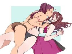 2girls alternate_costume ass asymmetrical_docking back bare_back brown_bikini brown_hair brown_swimsuit dark-skinned_female dark_skin dorothea_arnault dorothea_arnault_(summer) ear_kiss earrings fire_emblem fire_emblem:_three_houses fire_emblem_heroes green_eyes kissing long_hair medium_breasts natural_virtue nintendo petra_macneary ponytail post-timeskip purple_hair sarong simple_background swimsuit wholesome yuri