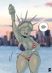 2021 4th_of_july american_flag american_flag_bikini anthro big_breasts bikini bikini_bottom bikini_top breasts color dialogue flag green_skin hand_on_hip joaoppereiraus metallic_body one_eye_closed public_domain statue_of_liberty tagme tansau thick_thighs thighs tortoisesensei voluptuous wink