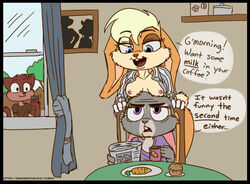 1boy 2girls annoyed anthro areolae blonde_hair blue_eyes breasts buckteeth carrot clothing crossover cup disney erect_nipples eyelashes female furnut furry gloves grey_body grey_fur judy_hopps lola_bunny looney_tunes male muffin newspaper nipples phone purple_eyes rabbit small_breasts tan_fur topless warner_brothers yuri zootopia