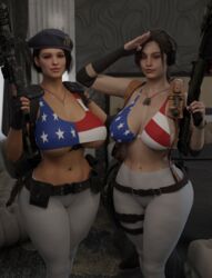 2girls 3d 4th_of_july american_flag american_flag_bikini armor beret big_ass big_breasts capcom chaunguyen claire_redfield firearm flag gun human jill_valentine jill_valentine_(sasha_zotova) resident_evil resident_evil_2 resident_evil_2_remake resident_evil_3 resident_evil_3_remake salute weapon yoga_pants