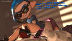 bed bedroom blue_hair cheating dominant_male faceless_female facesitting female_rimming_male femboy_on_female glasses inkling interspecies leviantan581re looking_back male_anilingus male_domination male_facesitting male_focus maledom nintendo ntr octoling onomatopoeia phone phone_ringing pink_hair pointy_ears smirk splatoon submissive_female tentacle_hair