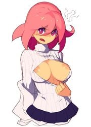 blush breasts cleavage cleavage_cutout clothes_tug clothing_cutout female inverted_nipples keyhole_turtleneck large_breasts looking_at_viewer meme_attire metata nipples open-chest_sweater original pink_eyes pink_hair ribbed_sweater short_hair solo sweater sweater_tug white_background