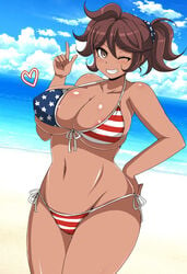 1girls 4th_of_july american_flag american_flag_bikini beach big_ass big_breasts big_butt brown_eyes brown_hair busty danganronpa danganronpa_2:_goodbye_despair dark-skinned_female dark_skin female flag_bikini hourglass_figure huge_breasts large_breasts owari_akane short_hair smile smiling smiling_at_viewer straight_hair thick_thighs voluptuous voluptuous_female