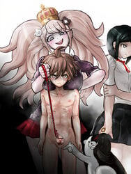 1boy 2girls angry artist_request blonde_hair bondage clothed_female clothed_female_nude_male completely_naked completely_nude completely_nude_male crown danganronpa embarrassed femdom flaccid flaccid_penis forced_nudity fully_clothed gyaru humiliation junko_enoshima looking_away male malesub miniskirt monokuma mukuro_ikusaba naegi_makoto penis penis_leash red_skirt short_skirt small_penis small_penis_humiliation straight_hair tied_penis