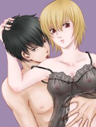 1boy 1girls black_hair blonde_hair breasts brown_hair female gintama hand_on_another's_head hand_on_another's_stomach hand_on_stomach hijikata_toshiro lace lace_trim light_brown_hair lingerie looking_at_viewer male negligee nightgown nipples_visible_through_clothing okita_mitsuba red_eyes sachi_(artist) see-through_clothing short_hair tongue_out topless_male