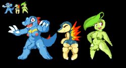 alpha_channel anthro anthrofied areola ass back_spikes backsack balls big_butt biped black_background blue_body blue_skin chikorita claws closed_eyes cyndaquil digital_media_(artwork) erect_nipples eyeliner eyes_always_closed eyeshadow fire flaming_back genitals green_body green_skin group gynomorph hand_on_hip intersex leaf leaf_hair long_penis makeup navy_fur nintendo nipples nude penis pester pixel_art plant plant_hair pointed_feet pokémon_(species) pokemon pseudo_hair rear_view red_eyes shortstack simple_background small_waist spikes spikes_(anatomy) sprite sprite_art sprite_sheet thick_thighs totodile trio trio_focus video_games