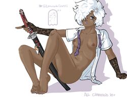 1girls barefoot breasts dark-skinned_female feet female_focus female_only female_solo gloves katana lemonade_ghost navel no_bra no_more_heroes no_panties open_clothes open_shirt partially_nude see-through_gloves shinobu_jacobs solo_female sword tagme tie unbuttoned_shirt white_hair