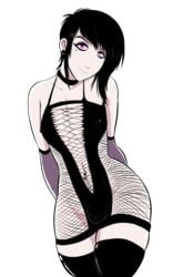 1boy 2019 beauty_mark black_hair bulge choker crossdressing ear_piercing emo eyeliner femboy fishnet_bodysuit fishnets lavey lavey-otokonoko male male_only navel_piercing nipple_bulge original pale_skin pink_eyes pinup skimpy skimpy_clothes smile thighhighs white_background