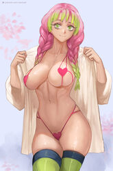 alternate_costume big_breasts bikini braided_hair curvy demon_slayer female female_only green_eyes highleg highleg_bikini kanroji_mitsuri kimetsu_no_yaiba micro_bikini mole_under_eye nextoad open_clothes pink_bikini pink_hair shiny_skin smile solo standing swimsuit thick_thighs thighhighs toned_female two_tone_hair undressing voluptuous zettai_ryouiki