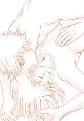 1boy 1girls ambiguous_penetration boy_on_top closed_eyes female gintama gintoki_sakata hair_down hand_on_breast holding_breast implied_sex intimate kawauso male monochrome sketch straight tsukuyo