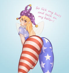 1futa 4th_of_july american_flag balls bent_over big_butt blonde_hair butt butt_focus clothed clothing clownpiece dialogue english_text erection erection_under_clothes fairy fairy_wings fat_ass from_behind fully_clothed futa_only futanari hat humanoid jester_cap lewdorangetea light-skinned_futanari light_skin long_hair looking_at_viewer pale_skin pantyhose penis pov precum precum_drip presenting purple_eyes raised_eyebrow smug solo text thick_thighs thighs tight_clothing touhou wings